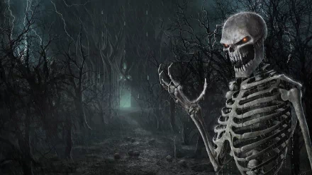 HD PC desktop wallpaper depicting a dark throne video game scene with a menacing skeleton figure in a shadowy, eerie forest setting.