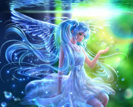An HD desktop wallpaper featuring Hatsune Miku from Vocaloid in an ethereal setting, with glowing wings and flowing blue hair, surrounded by sparkles and soft light.