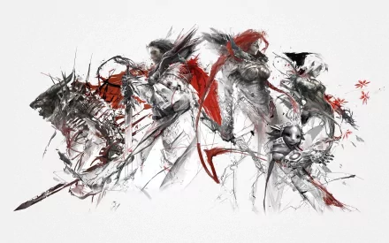A dynamic HD wallpaper featuring characters from Guild Wars 2, showcasing a blend of action and stylized art with vibrant red accents against a monochrome background.