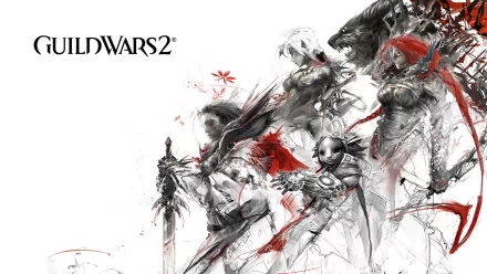 A dynamic HD wallpaper featuring characters from the video game Guild Wars 2, illustrated in striking black and white with splashes of red, creating a captivating fantasy aesthetic.