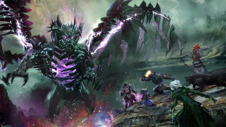 HD PC desktop wallpaper depicting an intense battle scene from the video game Guild Wars 2, featuring a dark, menacing creature and several armed characters.