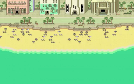 EarthBound-themed HD desktop wallpaper featuring a pixelated beach scene with buildings and umbrellas.