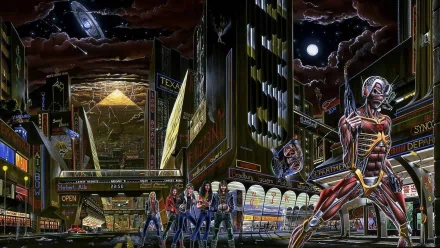 HD PC desktop wallpaper featuring Iron Maiden’s iconic album art style with a dark cityscape and band members in a dramatic, night-time music-themed scene.