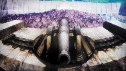 HD wallpaper featuring a cannon from Attack on Titan overlooking a walled city.