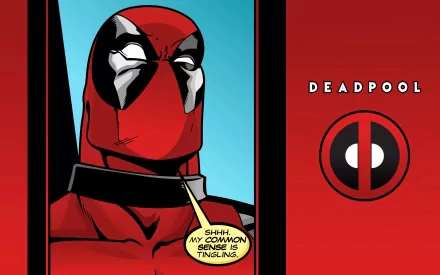 HD PC desktop wallpaper: comic-style Deadpool (Merc with a Mouth) close-up portrait, speech bubble Shh... my danger sense is tingling, red background with DEADPOOL title and logo.