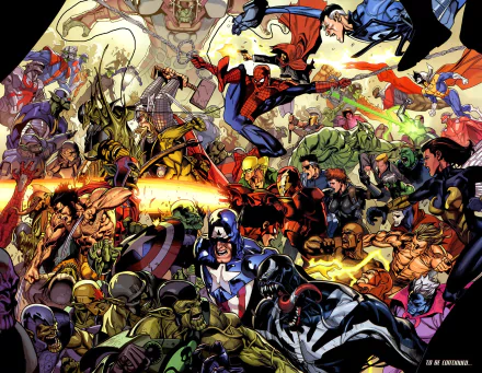 HD Marvel Comics desktop wallpaper featuring an intense battle scene with numerous iconic superheroes and villains in dynamic poses from the Marvel universe.