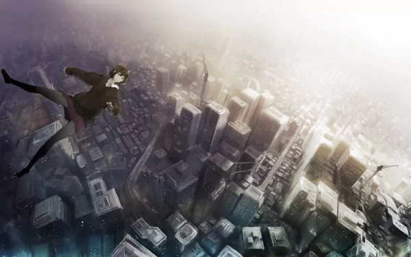 Anime-style HD desktop wallpaper depicting a figure falling through a sprawling cityscape, blending original art with detailed urban elements and dynamic perspective.