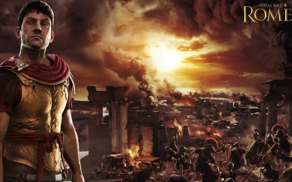 HD PC desktop wallpaper featuring a Roman soldier overlooking a burning ancient cityscape from the video game Total War: Rome II.