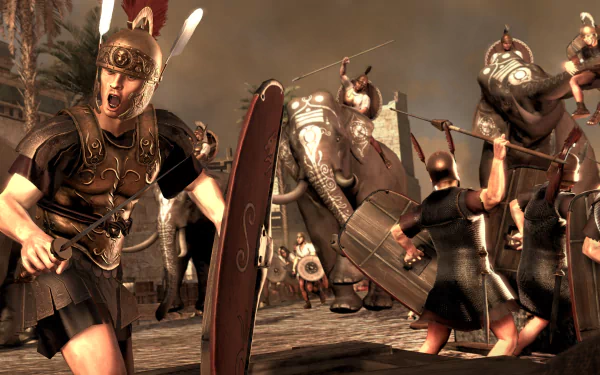 4K Ultra HD wallpaper from the video game Total War: Rome II, depicting an intense battle scene with Roman soldiers and war elephants in combat.