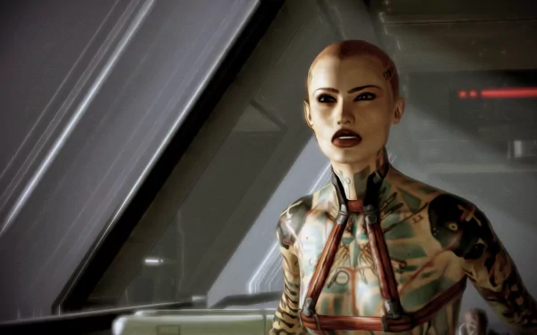 Jack (Mass Effect), video game character from Mass Effect 2 — bald, tattooed biotic standing in a ship interior; 2K Quad HD PC desktop wallpaper.