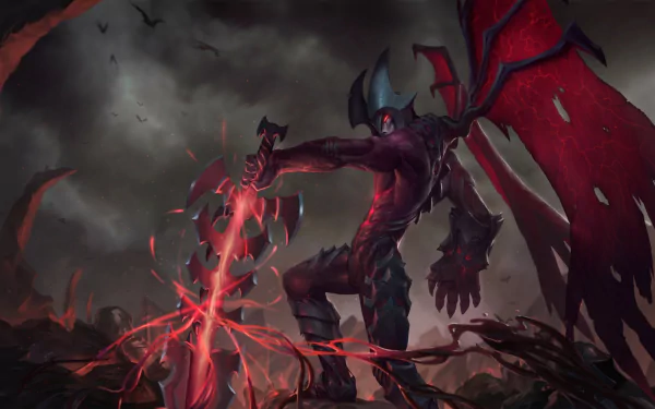 Aatrox from League of Legends stands triumphantly wielding a massive sword, surrounded by a dark, ominous landscape, creating a striking HD desktop wallpaper.
