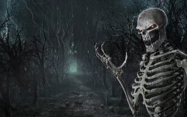 HD PC desktop wallpaper depicting a dark throne video game scene with a menacing skeleton figure in a shadowy, eerie forest setting.