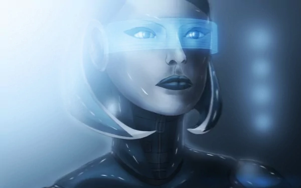 HD PC desktop wallpaper featuring EDI, the AI character from the video game Mass Effect 2, with a futuristic and sleek blue-toned design.