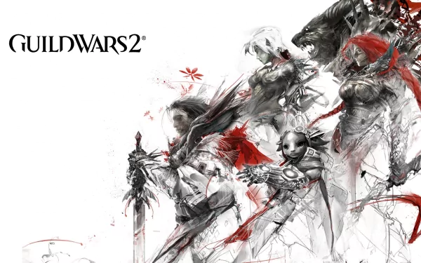 A dynamic HD wallpaper featuring characters from the video game Guild Wars 2, illustrated in striking black and white with splashes of red, creating a captivating fantasy aesthetic.