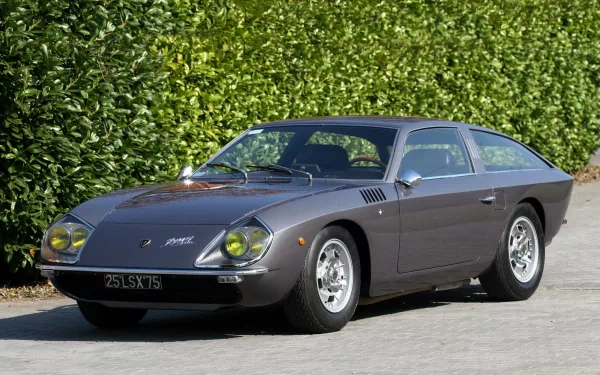 HD desktop wallpaper featuring a classic Lamborghini Flying Star II, an old Lamborghini car set against a lush green hedge background.