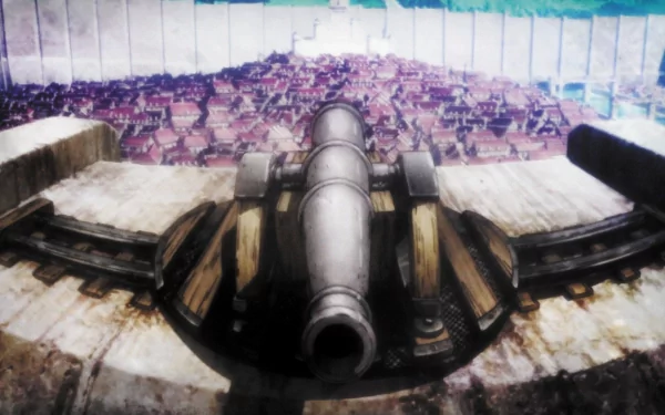HD wallpaper featuring a cannon from Attack on Titan overlooking a walled city.