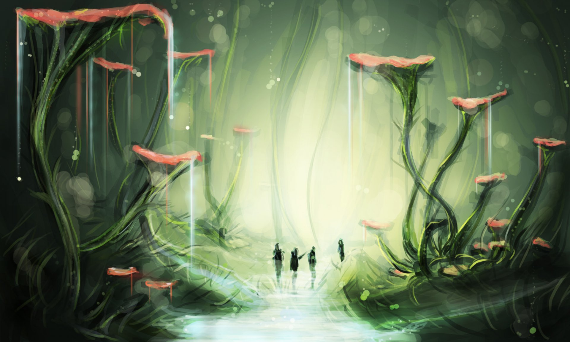 A mystical fantasy landscape with towering, vine-covered platforms and glowing waterfalls, featuring tiny human figures in a foggy, ethereal environment—HD PC desktop wallpaper.