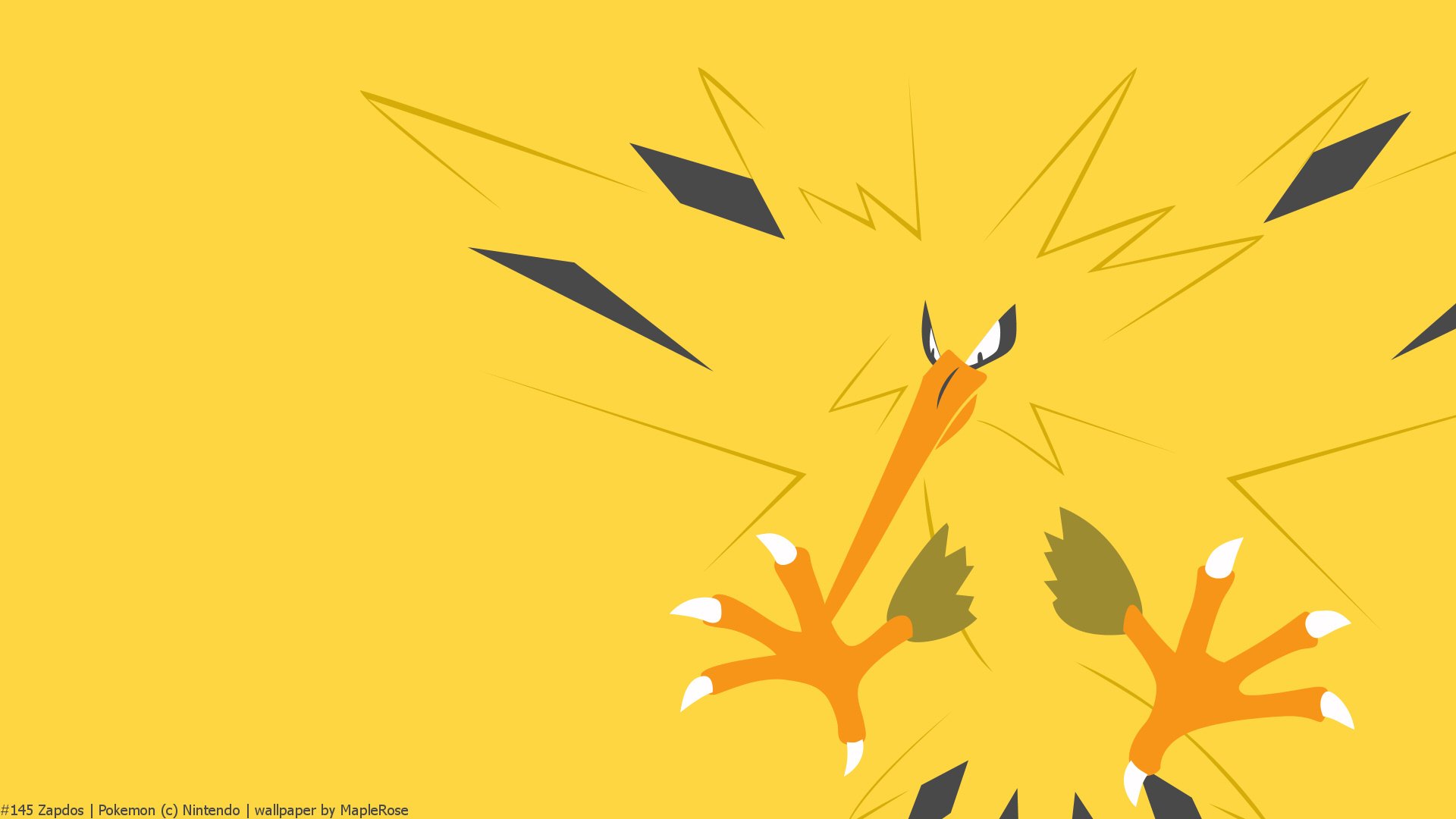 HD PC desktop wallpaper featuring the Pokémon Zapdos with its wings spread against a bright yellow background, capturing its electric energy from the video game series.
