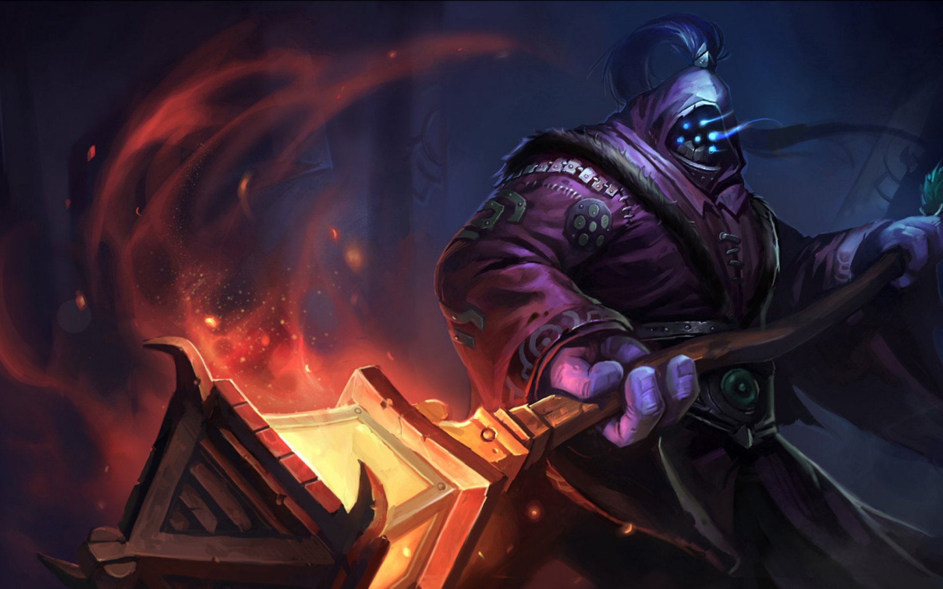 A dynamic HD wallpaper featuring Jax from League of Legends, wielding his iconic lamp with a captivating blend of magic and dark energy in a mystical background.
