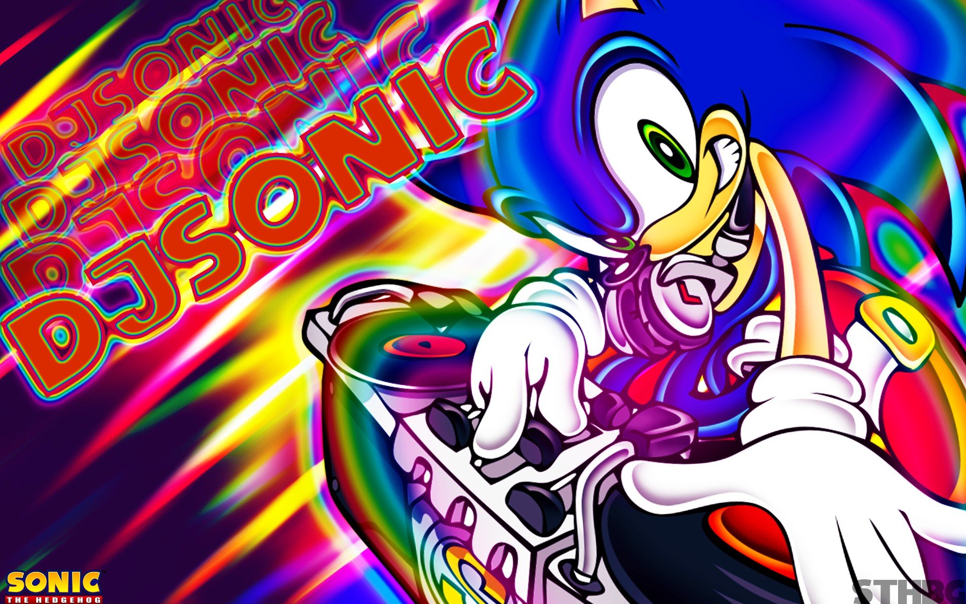 HD PC desktop wallpaper featuring Sonic the Hedgehog from the Sonic Adventure video game, depicted as DJ Sonic with vibrant, colorful, and dynamic graphics.