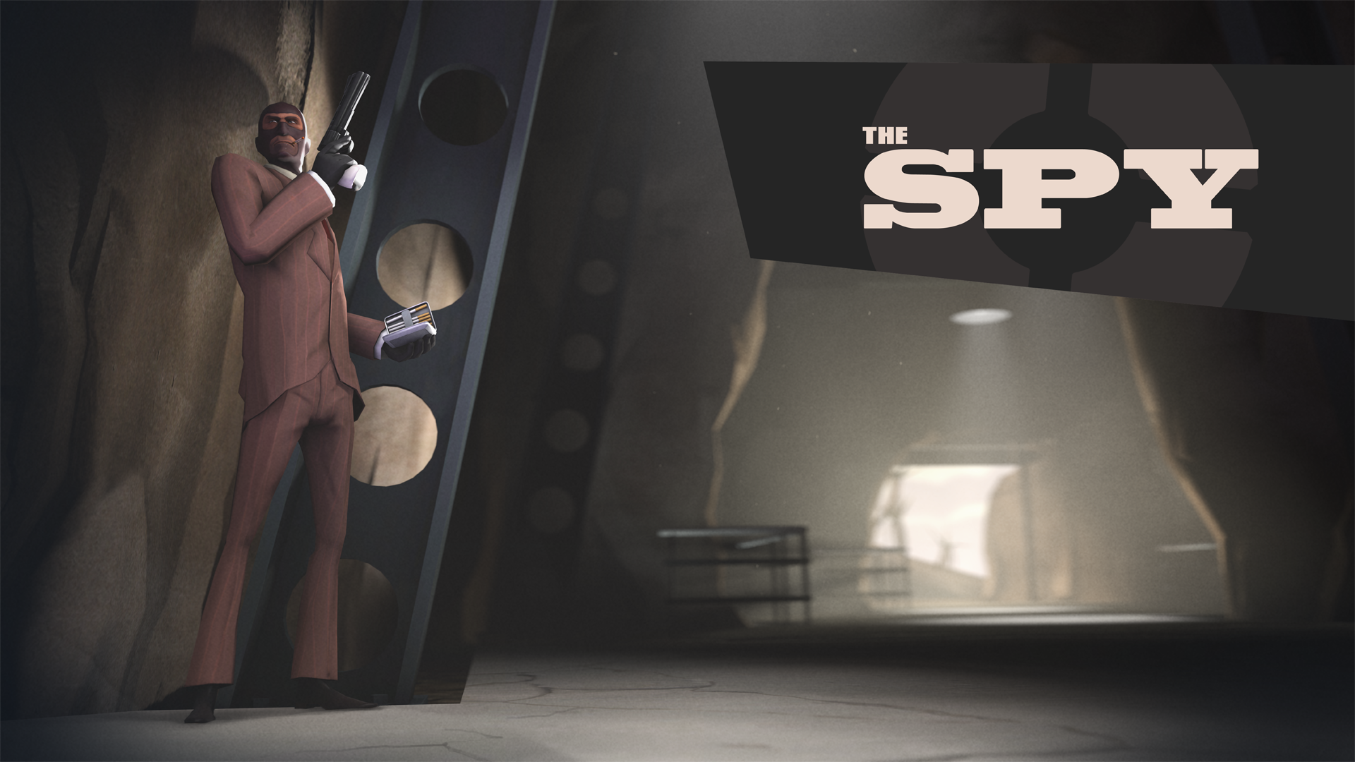 HD desktop wallpaper featuring the Spy character from the video game Team Fortress 2, set in a dimly lit, industrial environment.
