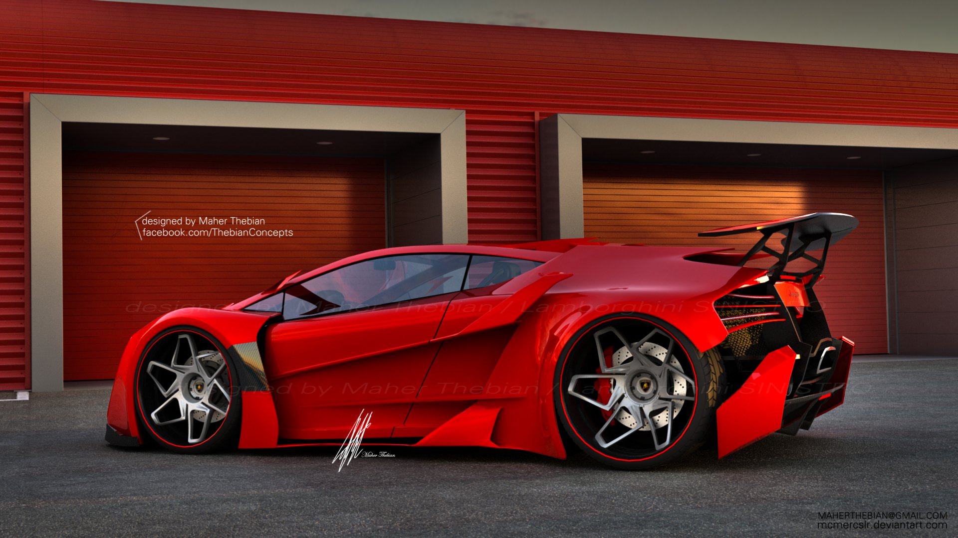 HD PC desktop wallpaper featuring a striking red Lamborghini Sinistro Concept car parked in front of modern red garages.