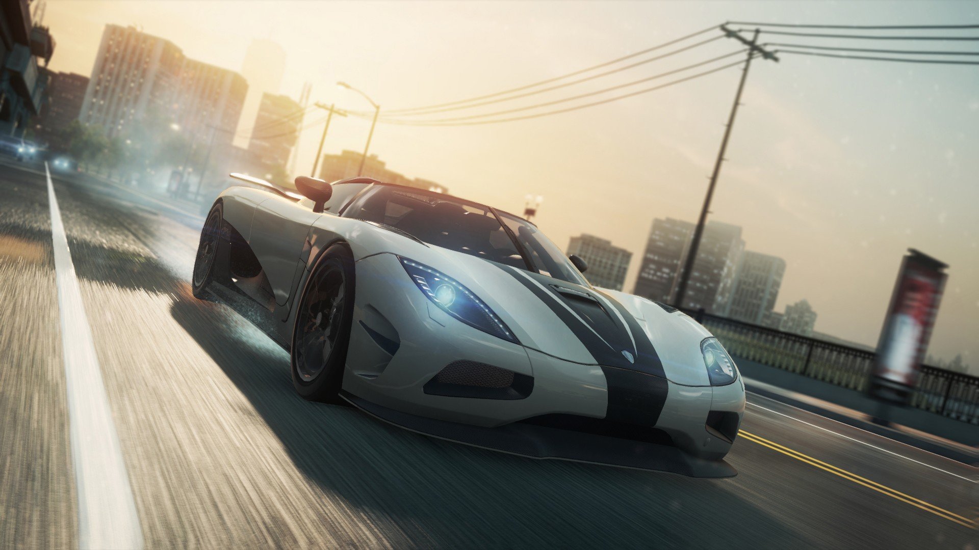HD PC desktop wallpaper featuring a sleek sports car racing through an urban street, inspired by the Need for Speed video game series.