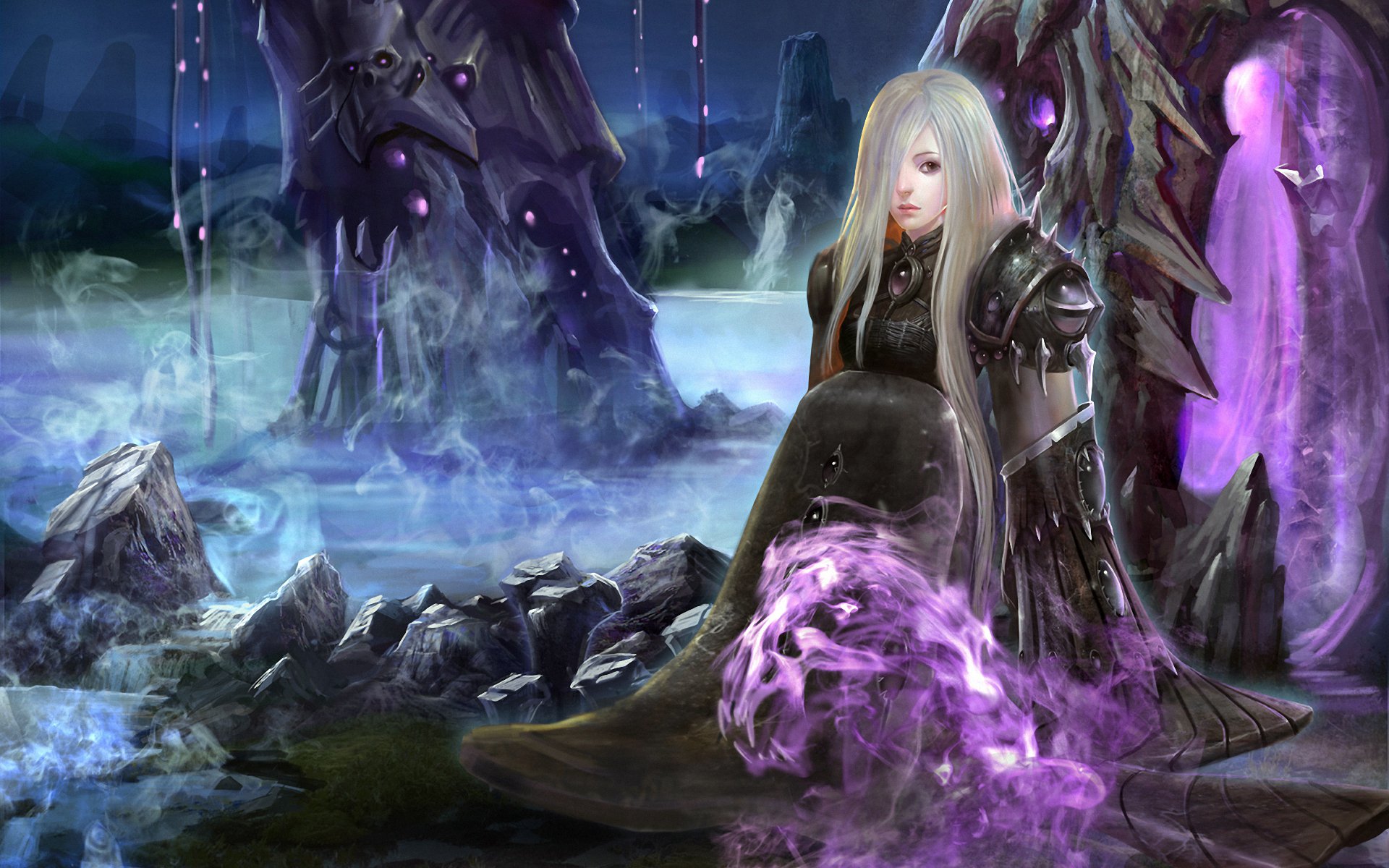 A fantasy-themed image featuring a woman warrior with long white hair, adorned in armor, seated amidst a mystical landscape with swirling purple mist and ominous stone formations.