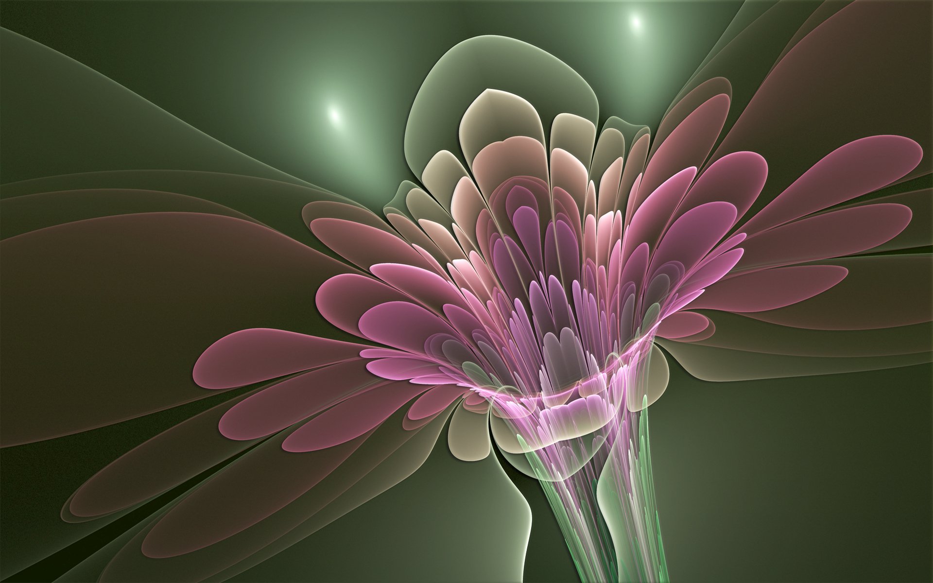 Abstract fractal design with soft pink and green hues, resembling a delicate flower, rendered in high definition for a PC desktop wallpaper background.