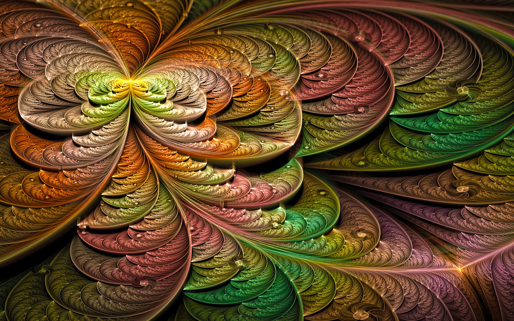 An ornate abstract fractal design featuring swirling patterns in vibrant shades of green, orange, and brown, creating a captivating HD wallpaper for desktop backgrounds.