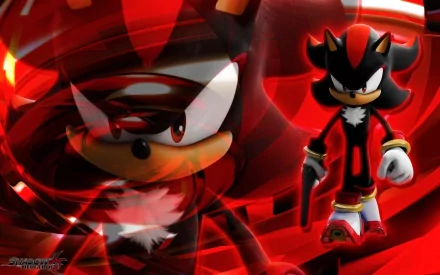 High-definition desktop wallpaper featuring Shadow the Hedgehog from the video game series, showcasing dynamic red backgrounds and the iconic character in a striking pose.