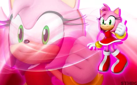 HD wallpaper featuring Amy Rose from the video game Sonic & All-Stars Racing Transformed, showcasing her vibrant pink design and energetic pose against a dynamic background.
