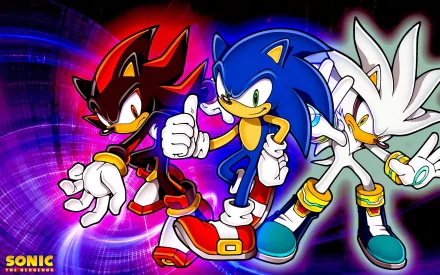 HD wallpaper featuring Silver the Hedgehog, Sonic the Hedgehog, and Shadow the Hedgehog from the video game Sonic the Hedgehog (2006), set against a colorful background with dynamic poses.