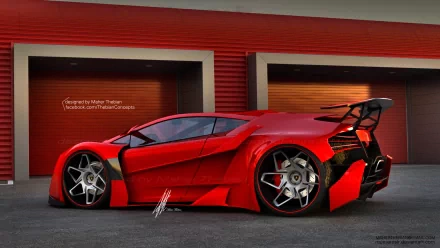 HD PC desktop wallpaper featuring a striking red Lamborghini Sinistro Concept car parked in front of modern red garages.