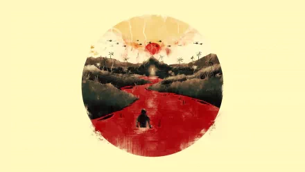 A striking HD wallpaper inspired by Apocalypse Now, featuring a silhouette against a vivid red river, framed by lush landscapes and a dramatic sunset.