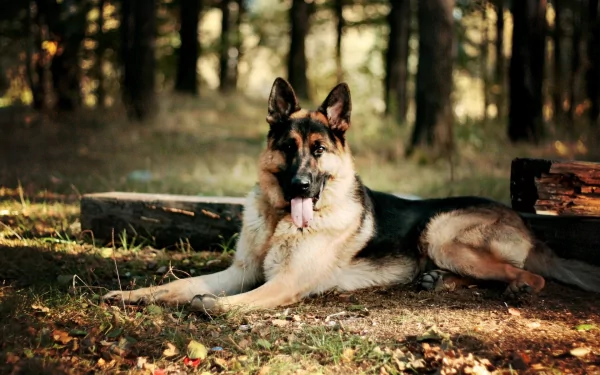 A German Shepherd lies on the forest floor in this HD wallpaper, blending with the natural background of trees and earthy tones.