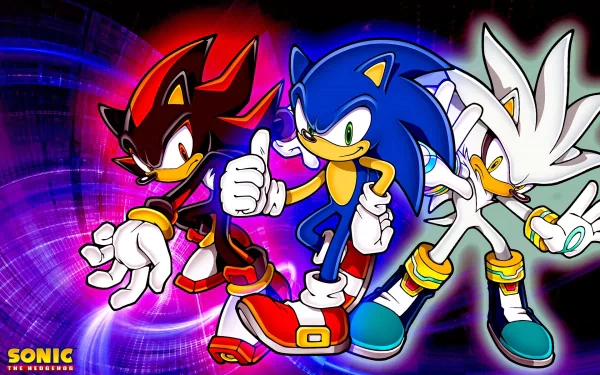 HD wallpaper featuring Silver the Hedgehog, Sonic the Hedgehog, and Shadow the Hedgehog from the video game Sonic the Hedgehog (2006), set against a colorful background with dynamic poses.