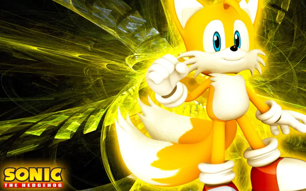 Miles 'Tails' Prower stands confidently in a vibrant, colorful background, showcasing his spirited character from the video game Sonic & All-Stars Racing Transformed.