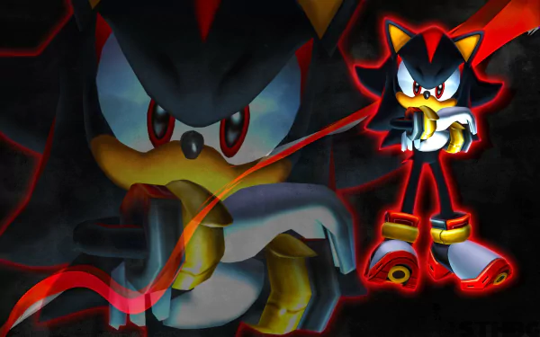 A dynamic HD wallpaper featuring Shadow the Hedgehog from Sonic Adventure 2, showcasing his intense expression and iconic design against a dramatic background.
