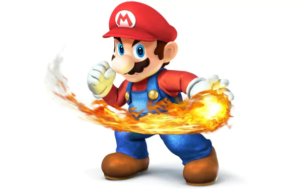 HD desktop wallpaper of Mario from Super Smash Bros. for Nintendo 3DS and Wii U, showing him in a dynamic pose with a fiery power move.