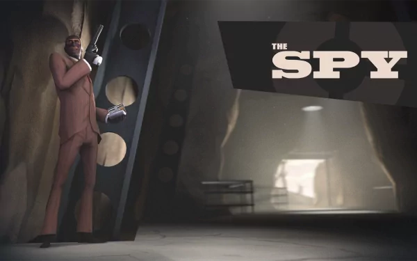 HD desktop wallpaper featuring the Spy character from the video game Team Fortress 2, set in a dimly lit, industrial environment.
