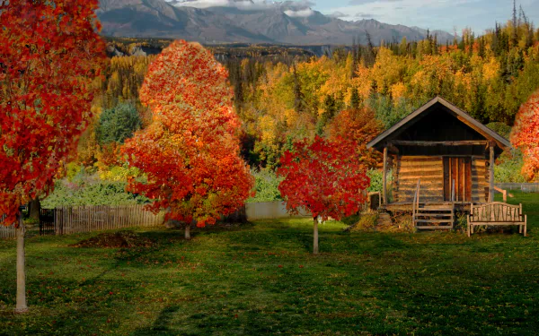 HD desktop wallpaper showing a man-made rustic cabin surrounded by vibrant autumn trees with colorful foliage against a backdrop of mountains and cloudy sky.
