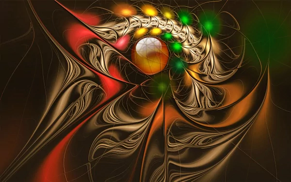 A vibrant abstract 3D design featuring swirling patterns in rich colors, with glowing orbs and intricate details, making it a striking HD desktop wallpaper and background.