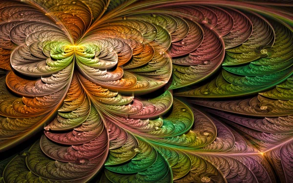An ornate abstract fractal design featuring swirling patterns in vibrant shades of green, orange, and brown, creating a captivating HD wallpaper for desktop backgrounds.