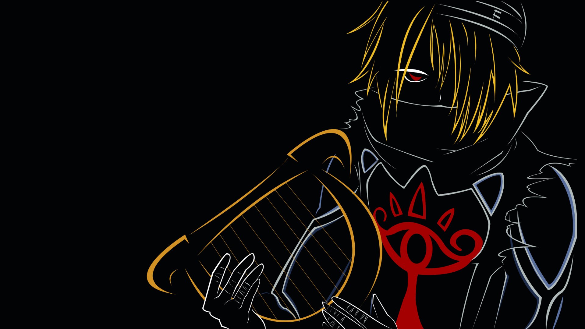 HD PC desktop wallpaper of Sheik (The Legend of Zelda: Ocarina of Time video game) in neon outline, masked and holding a harp, red Sheikah eye emblem on chest against a black background.