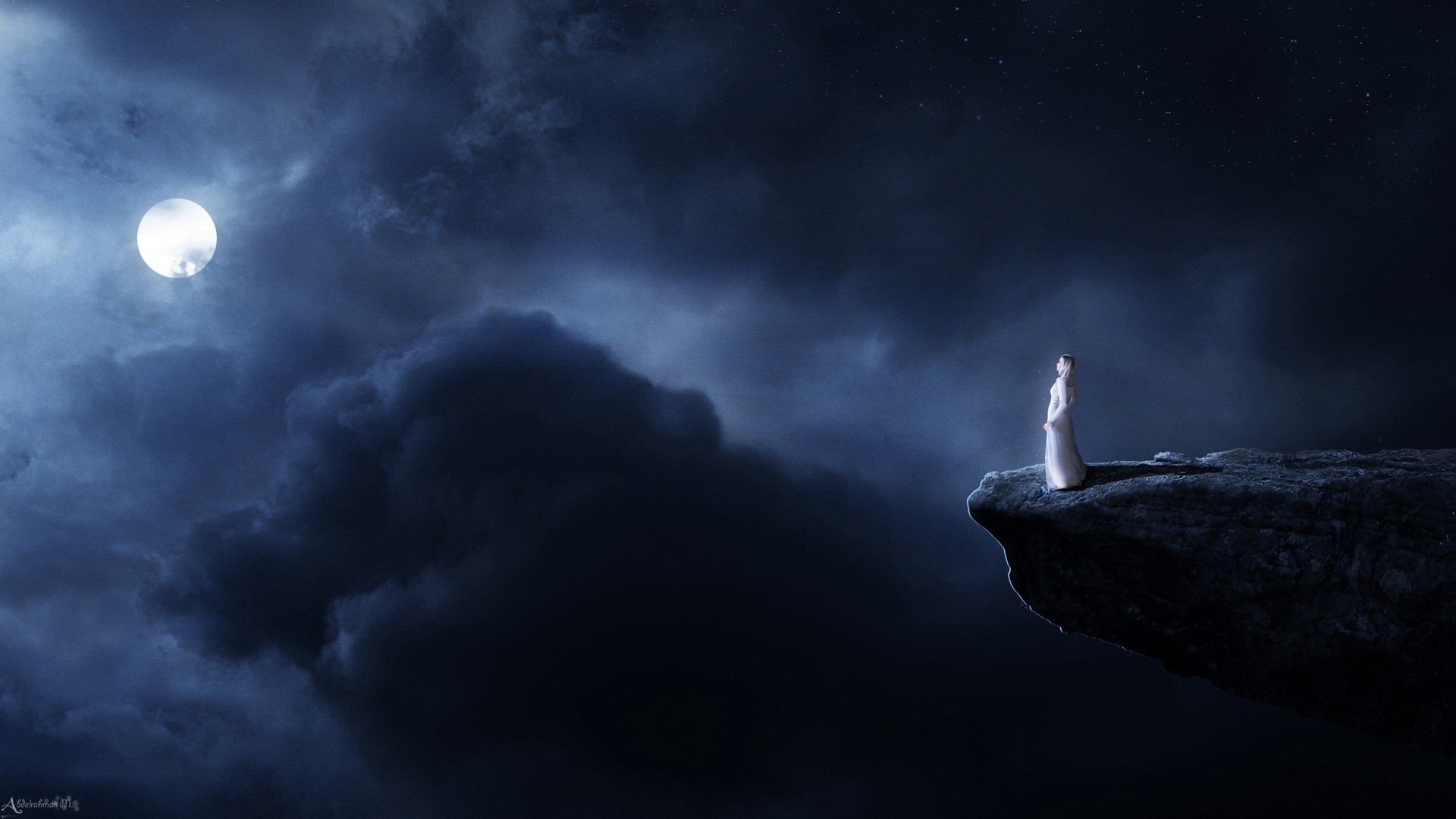 A haunting painting of a figure in white standing on a cliff under a full moon, surrounded by dramatic dark clouds, creating a captivating and atmospheric HD desktop wallpaper.
