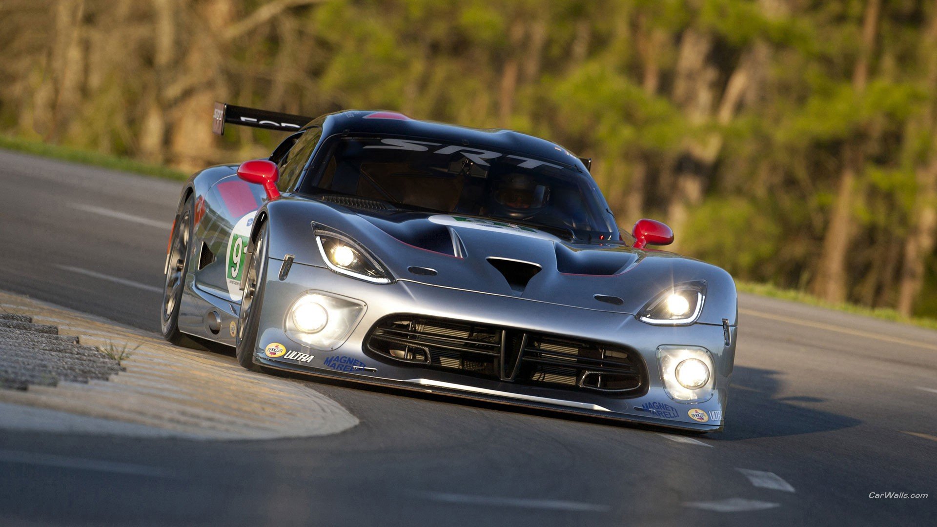HD PC desktop wallpaper of a silver Dodge Viper vehicle taking a fast corner on a sunlit, tree-lined road.