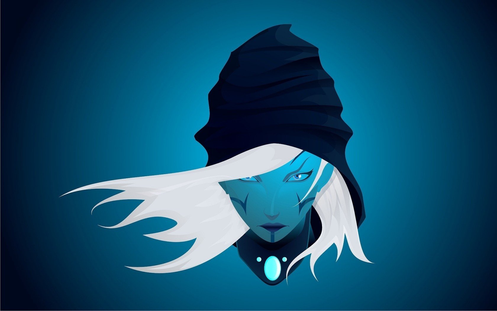 A striking HD wallpaper featuring a character from the video game DotA 2, showcasing a mysterious figure with flowing white hair and a dark hood against a blue background.