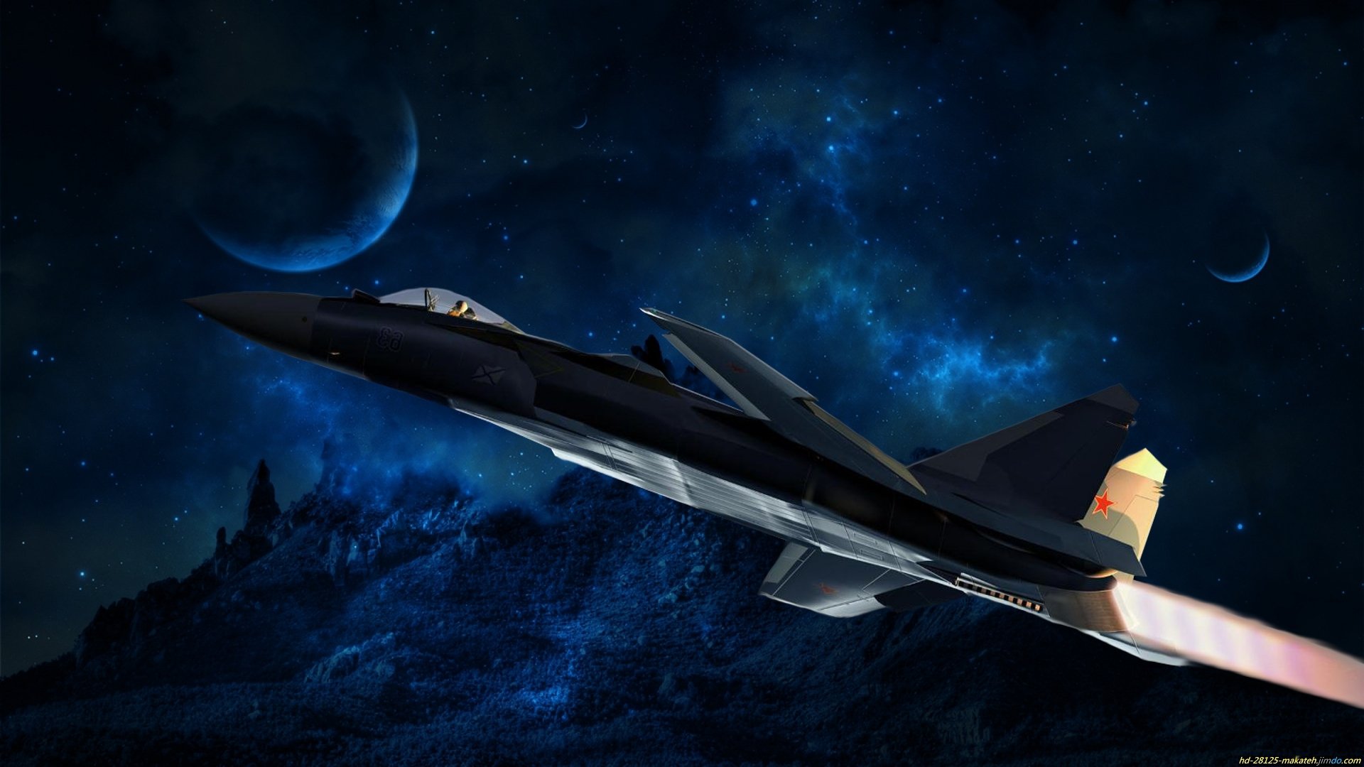 A sleek military jet fighter ascends against a dramatic cosmic backdrop, with vivid colors and a sense of motion, creating a striking HD desktop wallpaper.