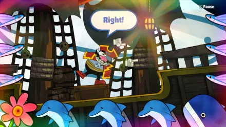 HD wallpaper of Game & Wario, featuring an animated character with a Right! speech bubble, dolphins, and colorful amusement park setting.